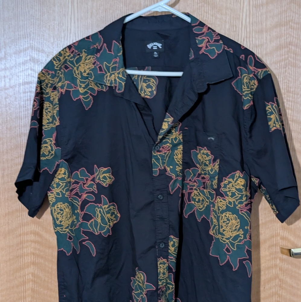 Billabong Black Shirt with Yellow and Red Floral Pattern